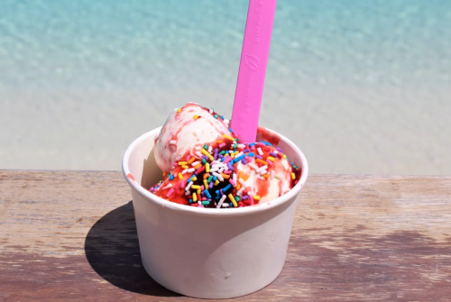 a cup of ice cream with sprinkles and a spoon