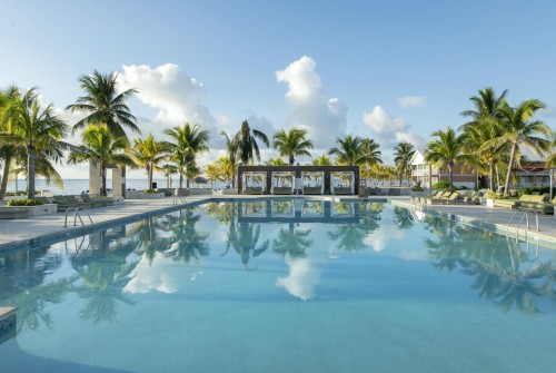a pool with palm trees and buildings