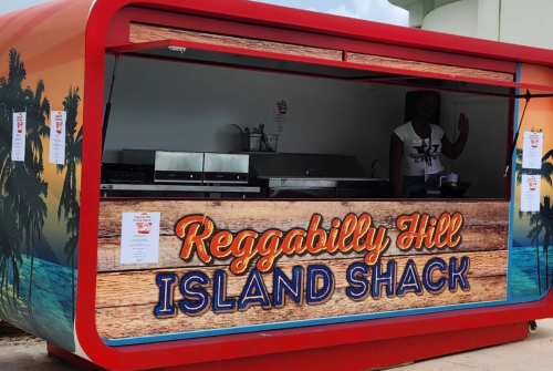 a woman standing behind a food truck