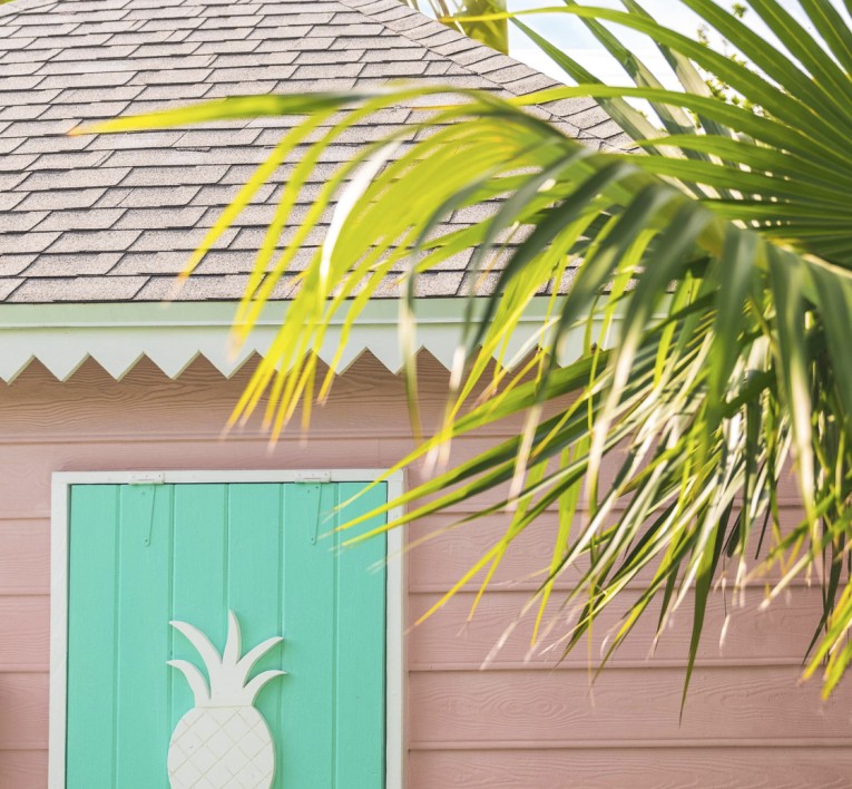a pink building with a pineapple painted door