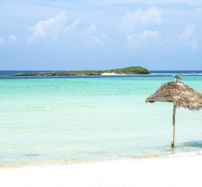 a straw umbrella in the water