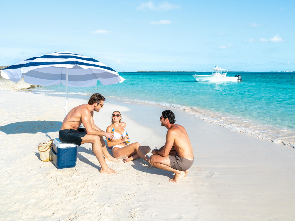 a group of people sitting on a beach