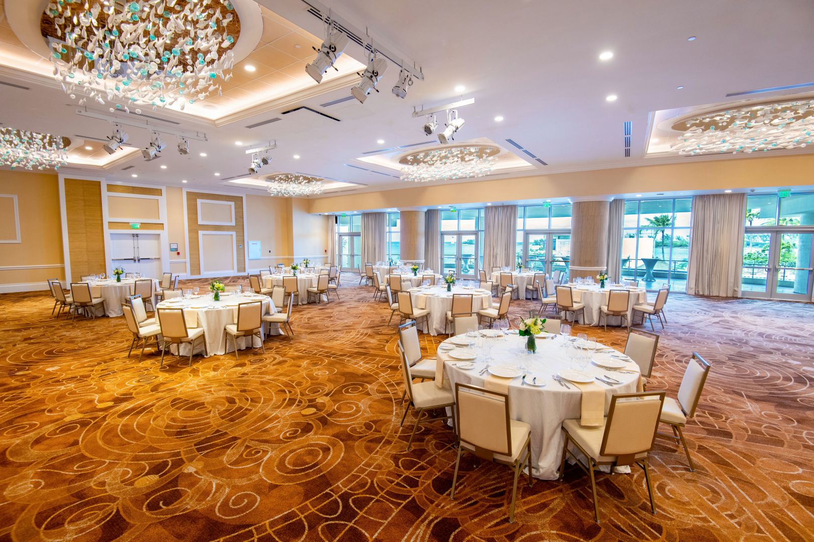 a large room with tables and chairs