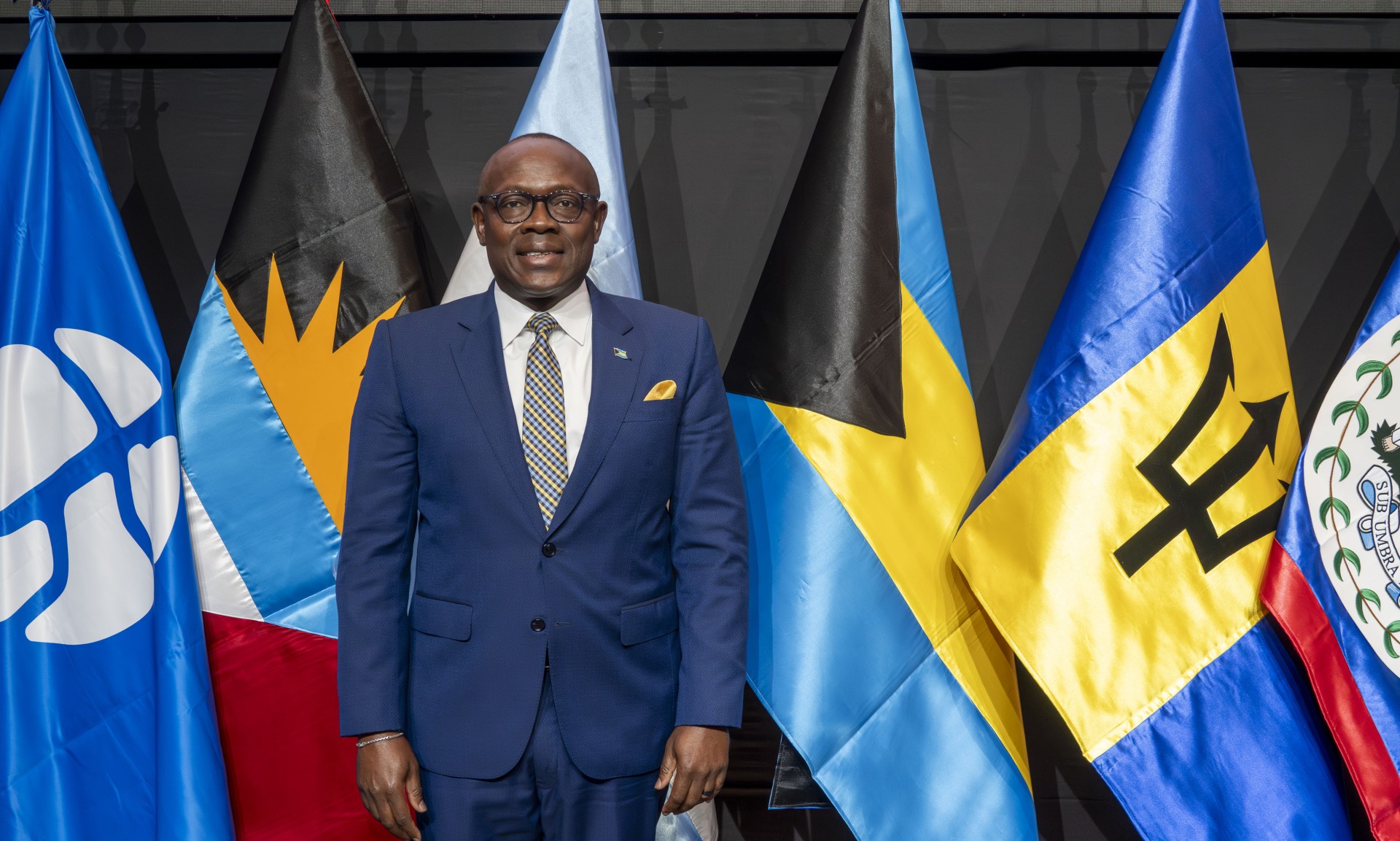 a man in a suit standing in front of flags