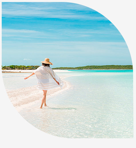 woman in a white swimsuit cover up and straw hat on the shore for the top image and view of ocean in the bottom image